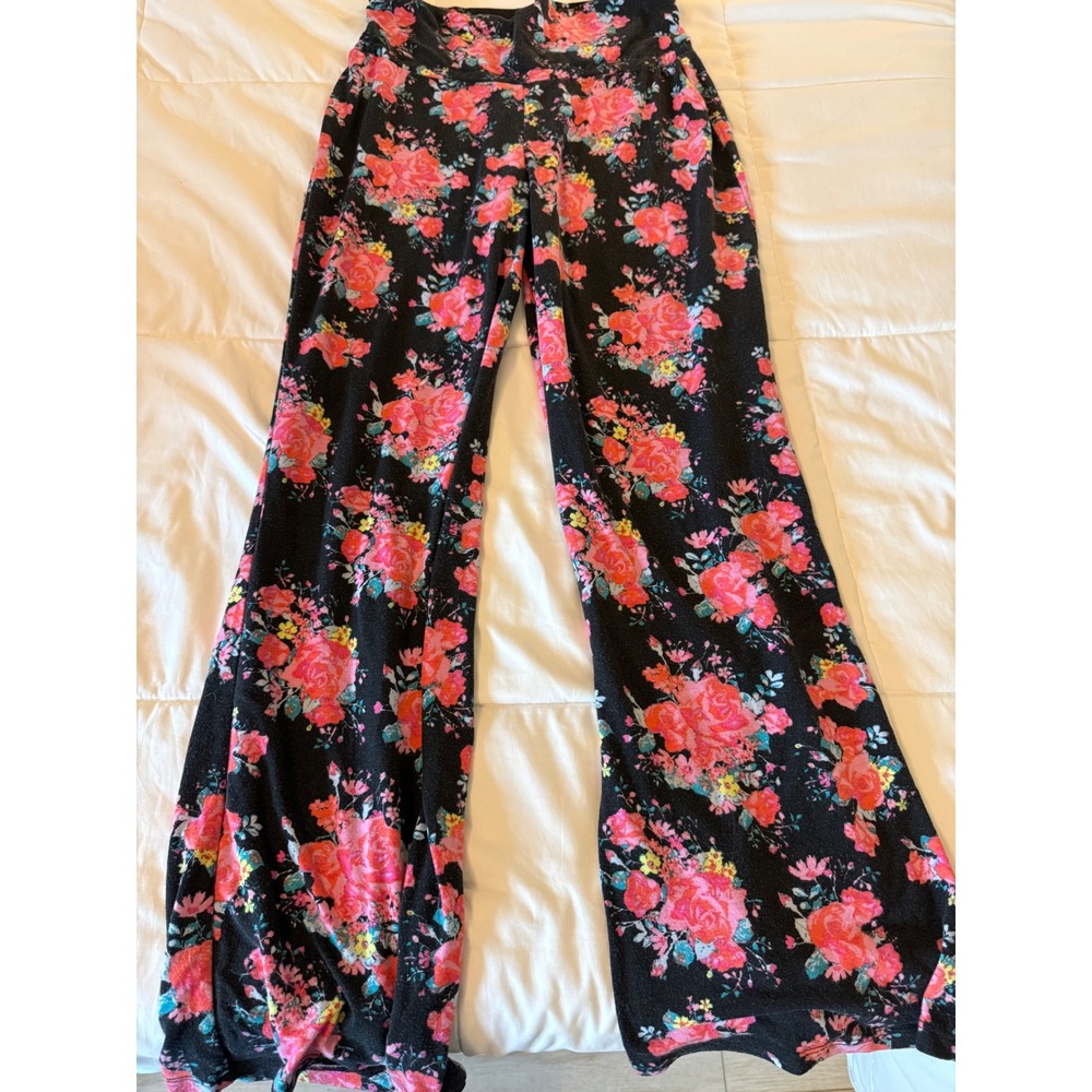 No Boundaries Floral Palazzo Pants Black Pink Rose Wide Leg Large 11-13